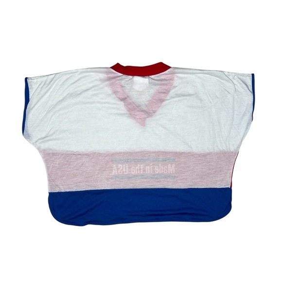 VINTAGE 80s Made in the USA Oversized Boxy Cropped Color Block V Neck T shirt - Picture 6 of 8
